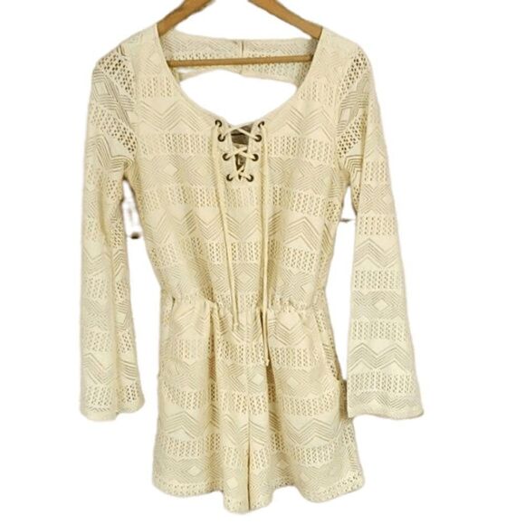 Love Fire, Cream Lace up Crochet Romper, Medium - Picture 1 of 9